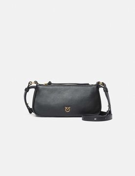 Borsa piccola Mini Half Moon in pelle liscia nera con logo Love Birds dorato e tracolla