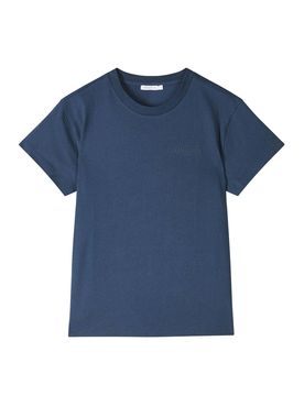 T-shirt blu indaco mezza manica in cotone con logo ricamato sul petto tono su tono