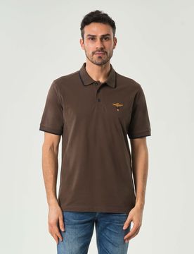 Polo marrone in piqué di puro cotone con bordino blu e logo ricamato al petto