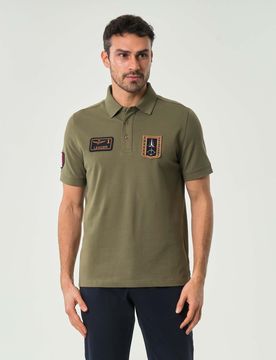 Polo Aeronautica verde militare in piqué di cotone stretch con patch Frecce Tricolori e scudetto