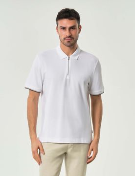 Polo mezza manica bianca in puro cotone con apertura zip e bordino sulle maniche