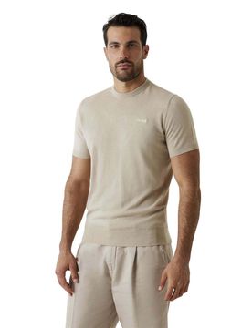 T-shirt beige in maglia di cotone e seta con logo piccolo ricamato sul petto