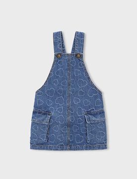 Gonna salopette light wash in misto cotone con stampa a cuori