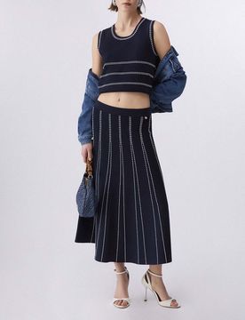 Maglia blu Liu Jo senza maniche in maglia di misto viscosa con impunture a contrasto