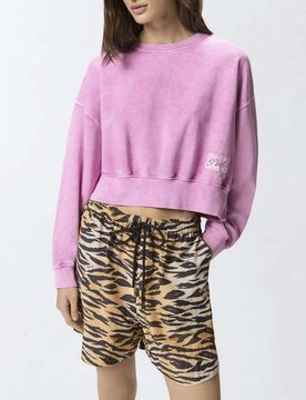 Felpa cropped fucsia in cotone effetto marmorizzato con logo sul davanti
