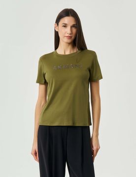 T-shirt girocollo Exchange verde militare con logo in paillettes