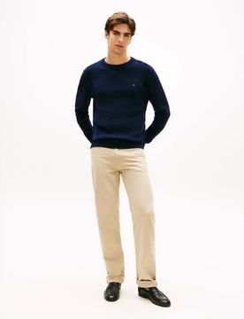 Maglione girocollo blu navy in cotone con logo ricamato sul petto