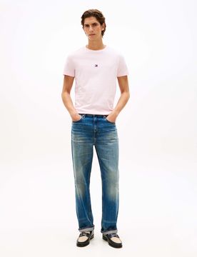 T-shirt girocollo rosa in cotone con logo ricamato sul petto