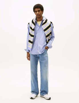 Camicia azzurra in cotone Oxford con logo flag ricamato sul petto