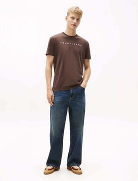 T-shirt marrone in cotone con logo lineare ricamato sul petto