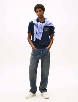 T-shirt girocollo blu in cotone con logo bandiera e firma su petto e schiena
