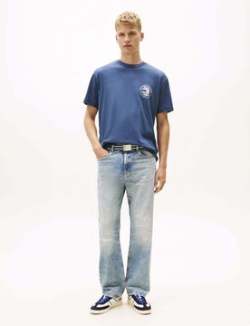 T-shirt mezza manica blu indaco con stampa logo outdoor e cotone neppy slub