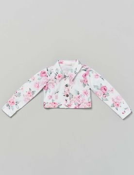 Giubbino cropped Liu-Jo in drill bianco con fiori rosa all over