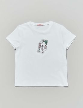 T-shirt Liu Jo bianca mezza manica con logo icon in strass e fantasia floreale