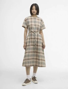 Abito midi Gwen beige a maniche corte con fantasia tartan check