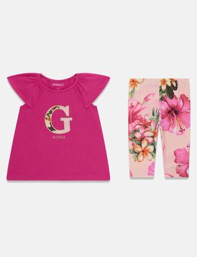Completo T-shirt e leggings fucsia in misto cotone con stampa floreale
