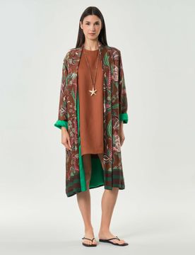 Kimono lungo marrone in raso di viscosa stampato con fantasia floreale