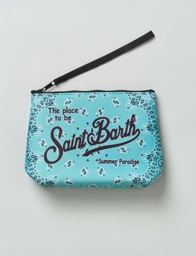 Pochette Aline celeste in scuba fantasia paisley con scritta logo stampata