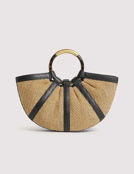 Borsa a mano Shell Small in rafia e pelle nera con manici tondi
