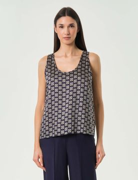 Canotta svasata blu in twill stampato a fantasia geometrica