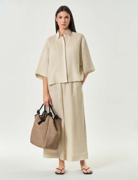 Pantaloni dritti MM beige in tela di puro lino con vita elasticizzata