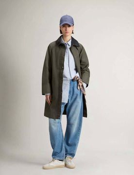 Trench verde militare in misto cotone cerato con colletto in ecopelle