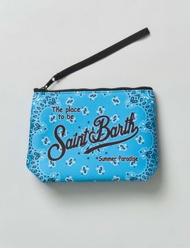 Pochette Aline celeste in neoprene con stampa grafica bandana