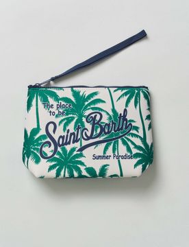 Pochette Aline bianca in neoprene con stampa palme verdi