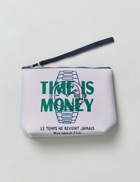 Pochette Aline bianca in neoprene con stampa grafica orologio e scritta Time Is Money
