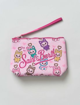 Pochette Aline rosa in scuba fantasia Labubu e scritta logo stampata