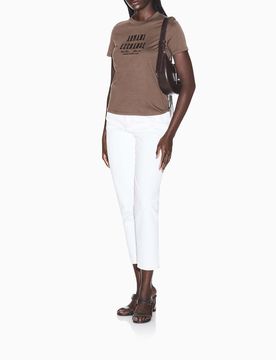 Pantaloni slim Exchange avorio a vita alta in cotone con cuciture a contrasto