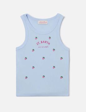 Canotta azzurra con scritta logo is sweet con fragoline