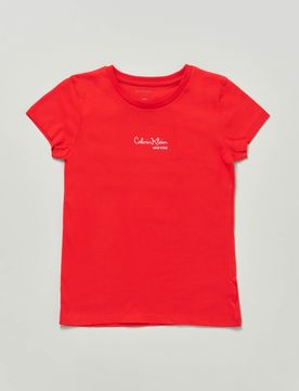T-shirt rossa con scritta logo sul petto
