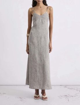 Abito lungo marrone in chambray di lino con scollo a V e schiena scoperta