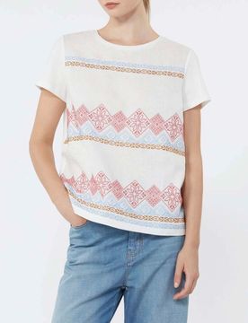 T-shirt girocollo Weekend bianca in cotone con inserto in lino sul davanti multicolor