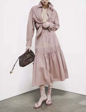 Gonna midi rosa antico in popeline di cotone con arriciature e coulisse in vita
