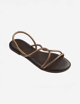 Sandali flat Una Manga marroni e bronzo con fasce intrecciate e anello metallico sul retro