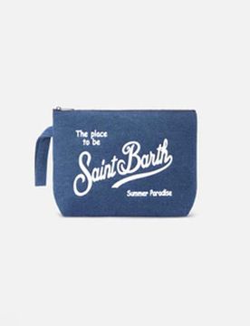 Pochette Maxi Aline in denim con scritta logo in contrasto