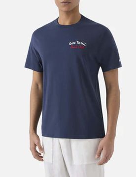 T-shirt blu mezza manica con maxi ricamo Gin Tonic Beach Club sul retro