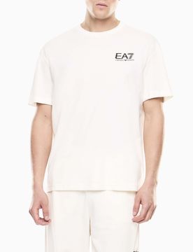 T-shirt mezza manica panna in cotone con stampa logo fronte e retro