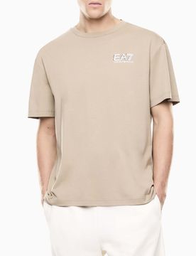T-shirt mezza manica sabbia in cotone con stampa logo fronte e retro