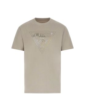 T-shirt mezza manica sabbia in cotone stretch con stampa logo triangolare