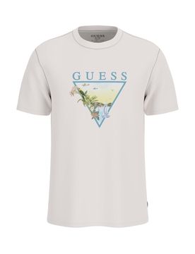 T-shirt mezza manica panna in cotone con stampa logo a triangolo