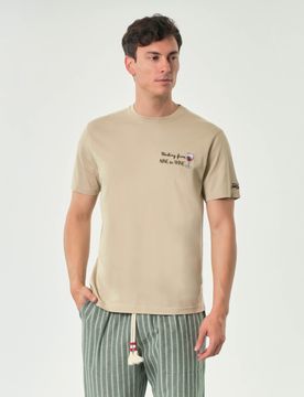 T-shirt sabbia mezza manica con ricamo Working from nine to wine sul petto