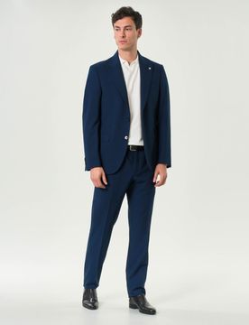 Abito blu in tela di viscosa stretch con rever a lancia