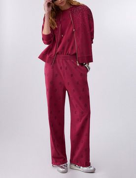 Felpa con cappuccio Liu Jo Sport ciclamino in jersey di cotone con strass applicati e chiusura zip