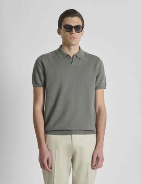 Polo verde militare in cotone lavorato con colletto bowling