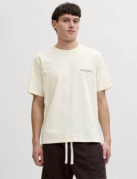 T-shirt mezza manica avorio in cotone con stampa floreale sul retro