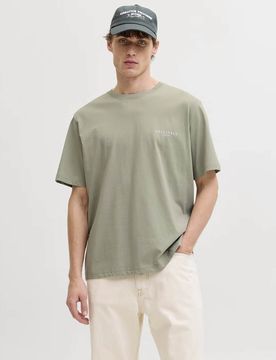 T-shirt verde salvia in cotone con stampa floreale sul retro