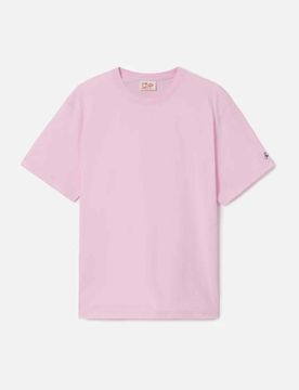 T-shirt rosa mezza manica con logo scritta ricamato sulla manica